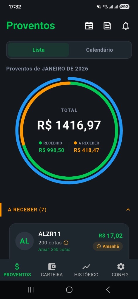 Tela de Proventos do app Minha Renda FII mostrando R$ 1.416,97 em dividendos